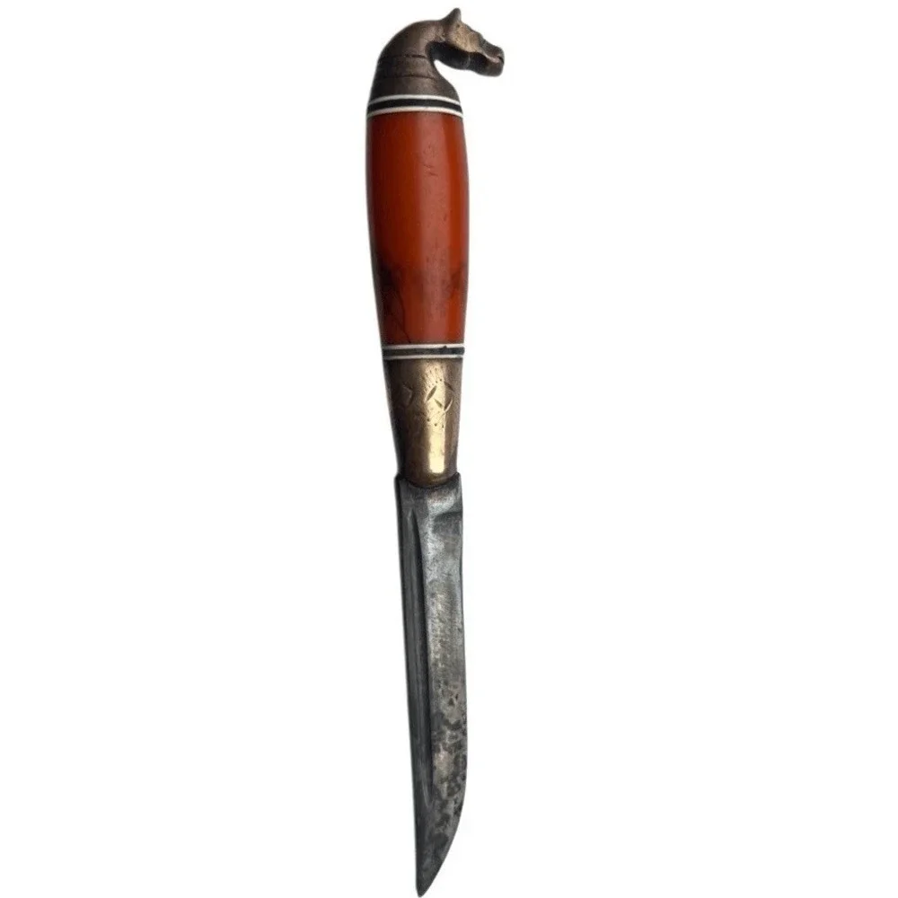Vintage Iisakki Jarvenpaa Finnish Puukko Knife Horse Head Pommel Galalith Handle